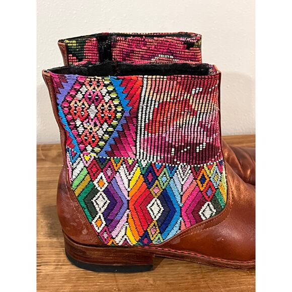 Artisan Handmade Leather Boots Guatemalan Huipil Textile Boho Ankle Boot - Picture 4 of 12